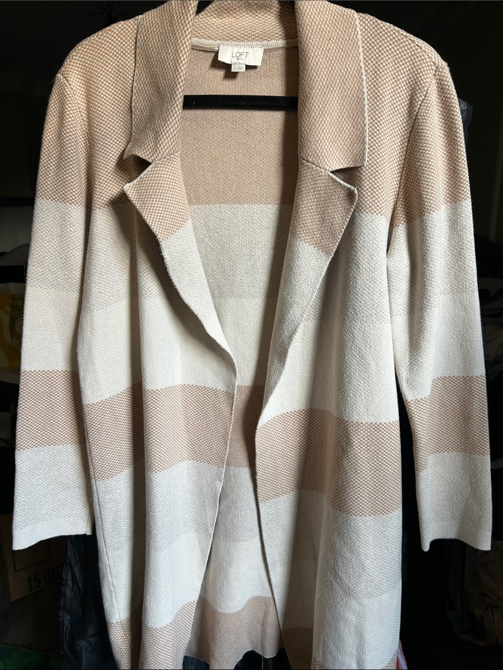 LOFT Beige and Cream Striped Open-Front Trench Cardigan